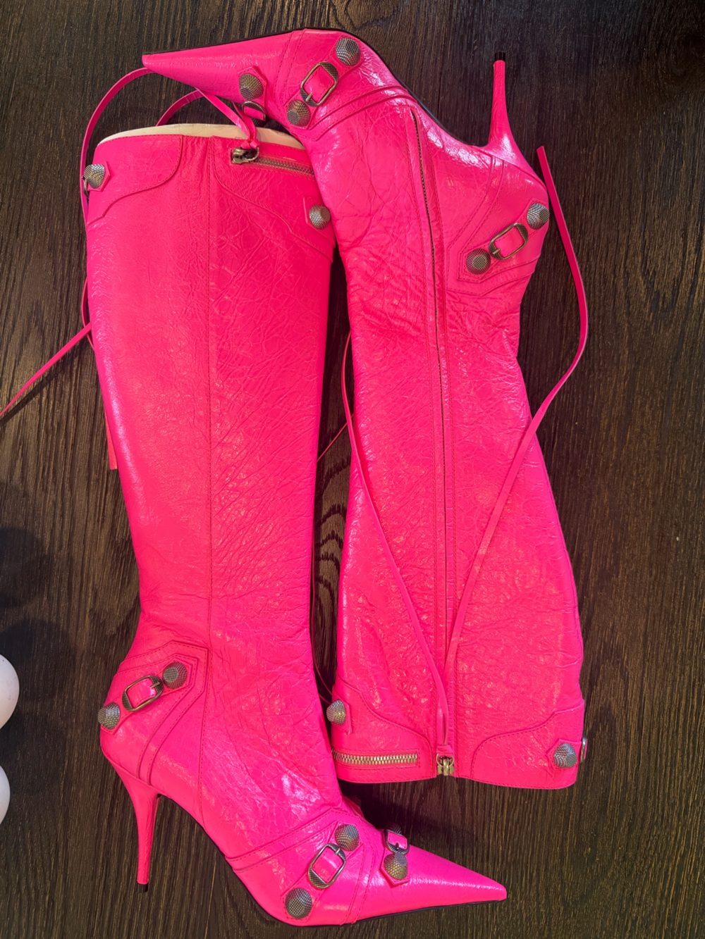 Balenciaga Cagole Leather Knee High Boots Pink 90 mm Heels 40